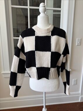 FRAME Black and Cream Checkerboard Knit Sweater - Women's